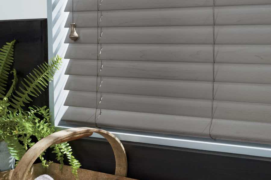 A close-up view of gray blinds